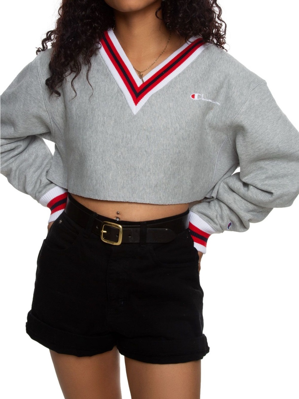 Champion Cropped Reverse Weave V Neck Sweatshirt Size Small Cozy Neutral B44